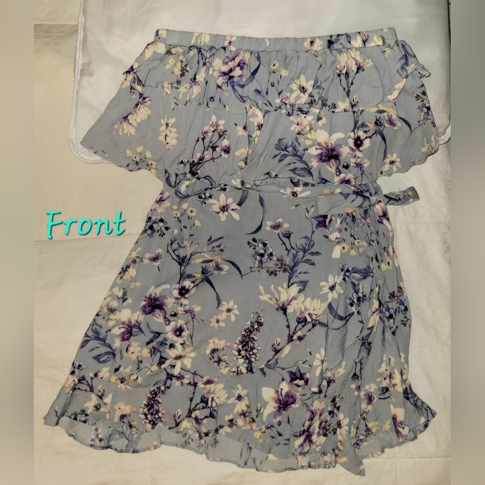Light Blue Floral Strapless Wrap Around Dress Large